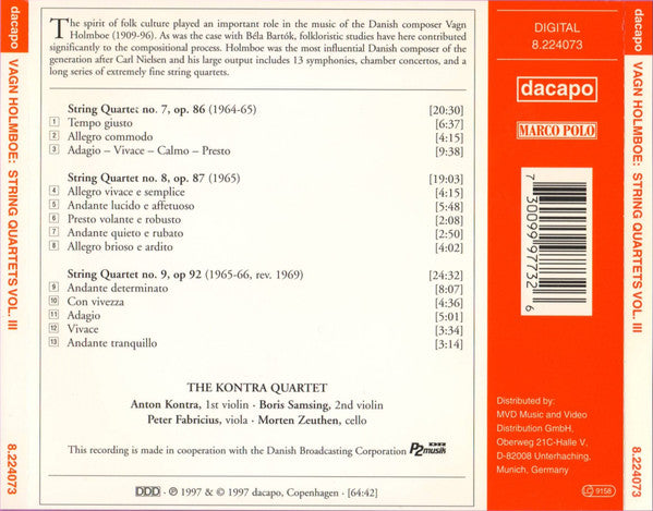 Vagn Holmboe / The Kontra Quartet : String Quartets, Vol. III: Nos. 7, 8 And 9 (CD, Album)