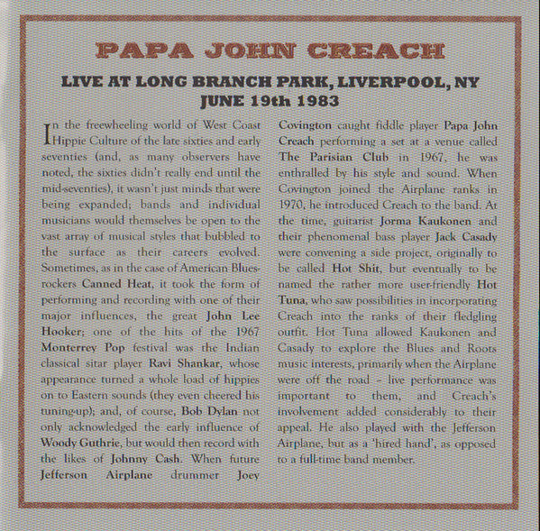 Papa John Creach : Live At The Long Branch Park (2xCD, Album, Unofficial)