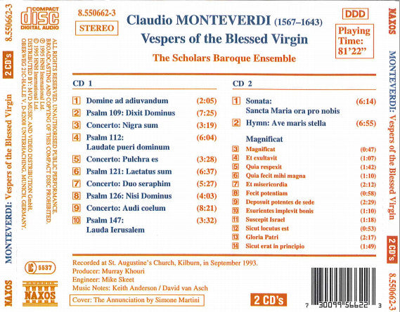 Claudio Monteverdi / The Scholars Baroque Ensemble : Vespers Of The Blessed Virgin (2xCD, Album)
