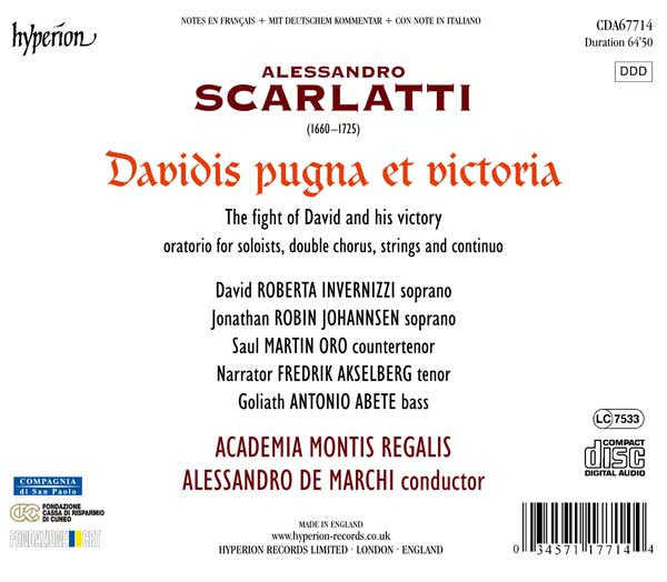 Alessandro Scarlatti / Academia Montis Regalis • Alessandro De Marchi : Davidis Pugna Et Victoria (CD, Album)