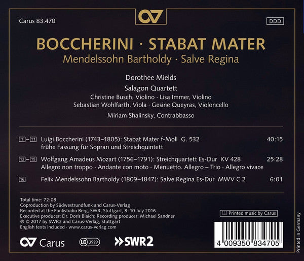 Luigi Boccherini, Felix Mendelssohn-Bartholdy, Dorothee Mields, Salagon Quartet : Stabat Mater / Salve Regina (CD, Album)
