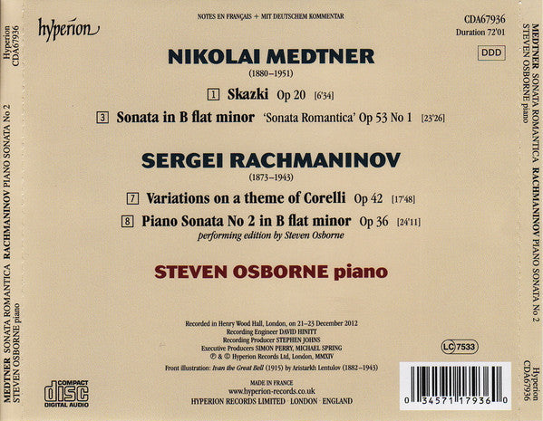Nikolai Medtner / Sergei Rachmaninoff, Steven Osborne : Sonata A Romantica • Skazki Op 20 • Piano Sonata No 2 • Corelli Variations (CD, Album)