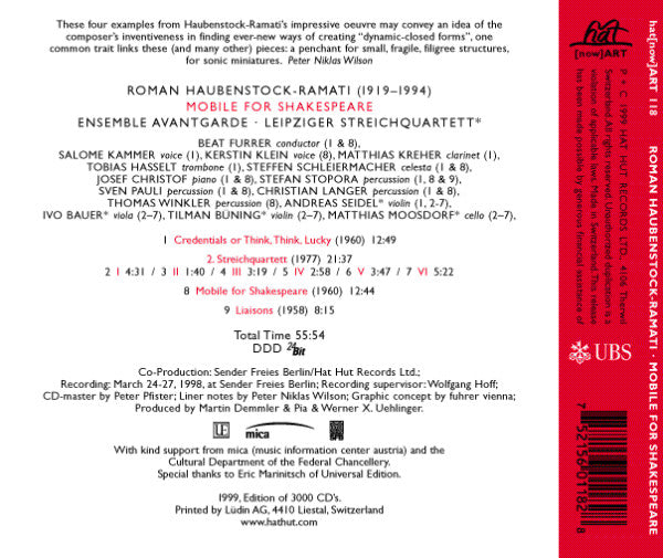 Roman Haubenstock-Ramati | Ensemble Avantgarde Conducted By Beat Furrer : Mobile For Shakespeare (CD, Album, 24B)