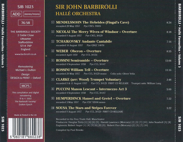 Sir John Barbirolli, Hallé Orchestra : Hallé Favourites Volume 3 (CDr, Comp, Mono, RE, RM)