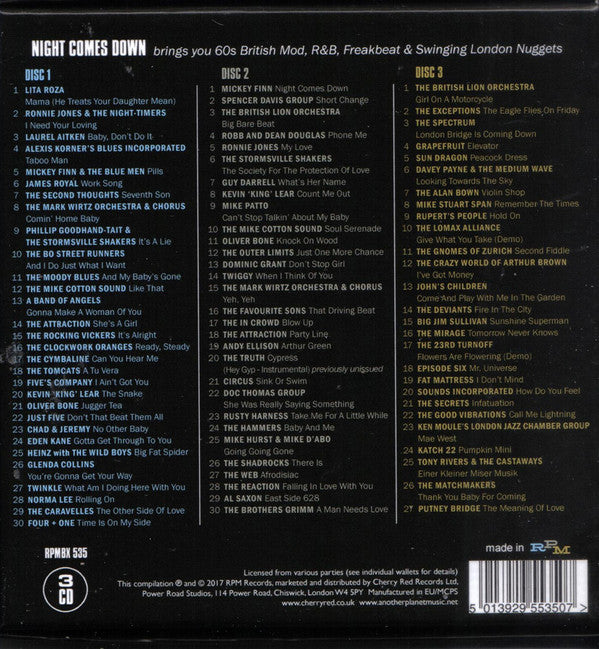 Various : Night Comes Down (60s British Mod, R&B, Freakbeat & Swinging London Nuggets) (3xCD, Comp, RM + Box)