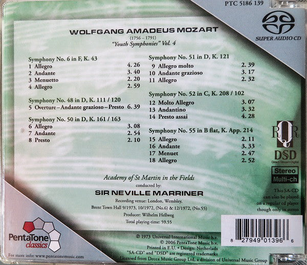 Wolfgang Amadeus Mozart, The Academy Of St. Martin-in-the-Fields, Sir Neville Marriner : Youth Symphonies, volume 4 (SACD, Hybrid, Multichannel, Comp, RM)
