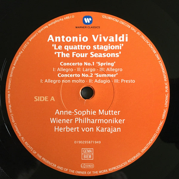 Antonio Vivaldi - Anne-Sophie Mutter, Wiener Philharmoniker, Herbert Von Karajan : The Four Seasons / Le Quattro Stagioni / Die Vier Jahreszeiten / Les Quatre Saisons (LP, Album, RE, RM)