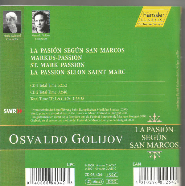 Osvaldo Golijov / Luciana Souza, Reynaldo González-Fernandez, Schola Cantorum De Caracas, Cantoría Alberto Grau, Orquesta La Pasión, Maria Guinand : La Pasión Según San Marcos (St. Mark Passion) (2xCD, Album)