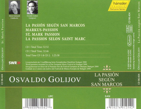 Osvaldo Golijov / Luciana Souza, Reynaldo González-Fernandez, Schola Cantorum De Caracas, Cantoría Alberto Grau, Orquesta La Pasión, Maria Guinand : La Pasión Según San Marcos (St. Mark Passion) (2xCD, Album)
