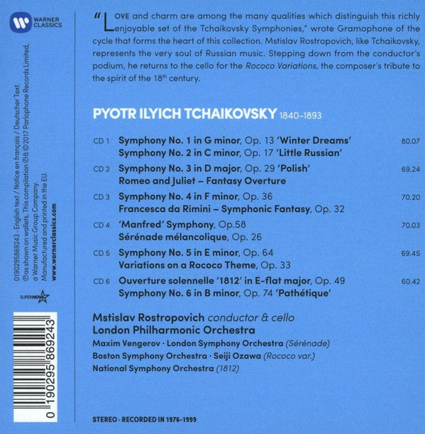 Pyotr Ilyich Tchaikovsky / Mstislav Rostropovich, London Philharmonic Orchestra : Symphonies 1-6 • 'Manfred' Symphony • '1812' • Romeo & Juliet • Francesca Da Rimini • Rococo Variations (6xCD, RM + Box, Comp)