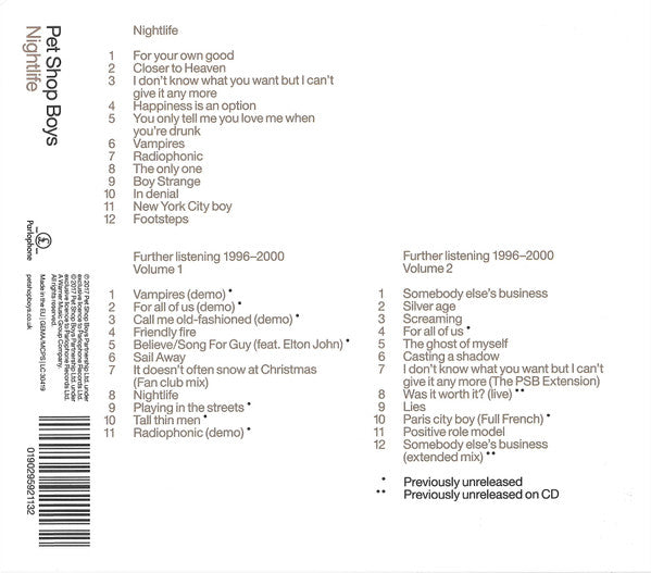Pet Shop Boys : Nightlife / Further Listening 1996–2000 (CD, Album, RE + 2xCD, Comp + RM)