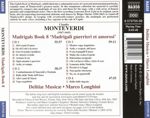 Claudio Monteverdi, Delitiæ Musicae, Marco Longhini (2) : Madrigals Book 8; Madrigali Guerrieri Et Amorosi (4xCD, Album)