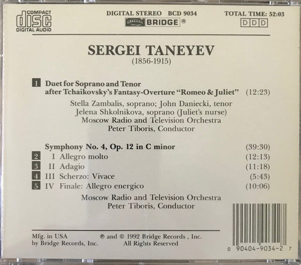 Sergey Ivanovich Taneyev, Большой Симфонический Оркестр Всесоюзного Радио, Peter Tiboris, Stella Zambalis, John Daniecki : Vocal Duet After Tchaikovsky's "Romeo And Juliet / Symphony No. 4 (CD)
