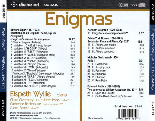 Elspeth Wyllie, Catherine Backhouse, Claire Overbury, Alexa Beattie, Hetti Price, Sir Edward Elgar, York Bowen, Kenneth Leighton, Edmund Rubbra, Nicholas Sackman : Enigmas - Solo Piano And Chamber Works (CD, Album)