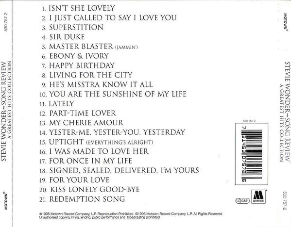 Stevie Wonder : Song Review - A Greatest Hits Collection (CD, Comp, RE, PMD)