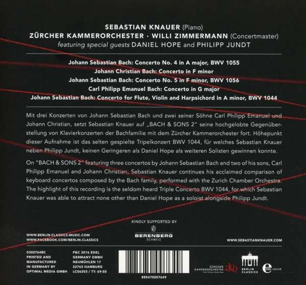 Sebastian Knauer, Zürcher Kammerorchester : Bach & Sons 2 (CD, Album)