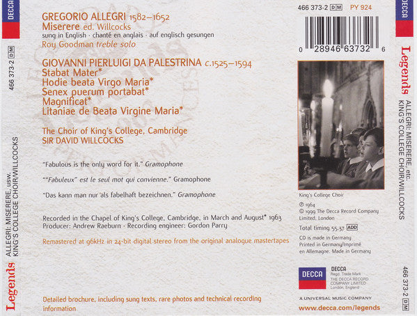 Gregorio Allegri / Giovanni Pierluigi da Palestrina – The King's College Choir Of Cambridge, David Willcocks : Miserere / Stabat Mater; Litaniae De Beata Virgine Maria (CD, Album, RE, RM)