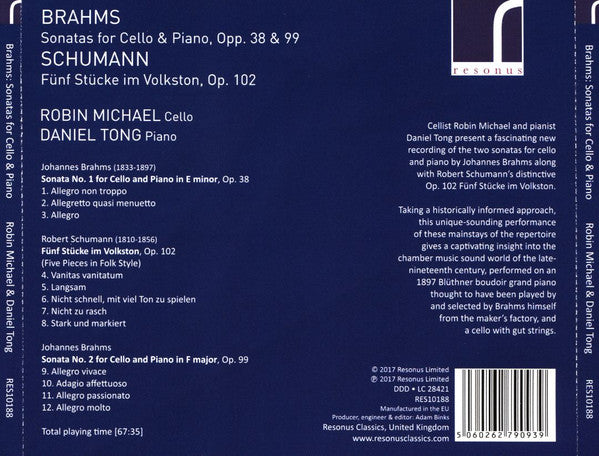 Johannes Brahms, Robert Schumann, Robin Michael (3), Daniel Tong : Sonatas For Cello And Piano (CD, Album)