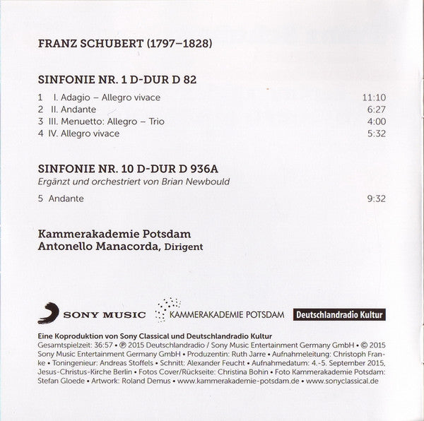 Franz Schubert - Kammerakademie Potsdam, Antonello Manacorda : Sinfonie 1 / Andante Aus Sinfonie 10 (CD)