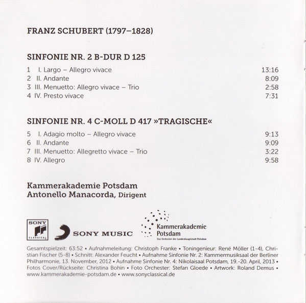 Franz Schubert, Kammerakademie Potsdam, Antonello Manacorda : Sinfonie 4 »Tragische« / Sinfonie 2 (CD)