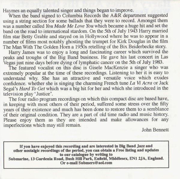 Harry James And His Orchestra : Don't Be That Way (CDr, Mono)