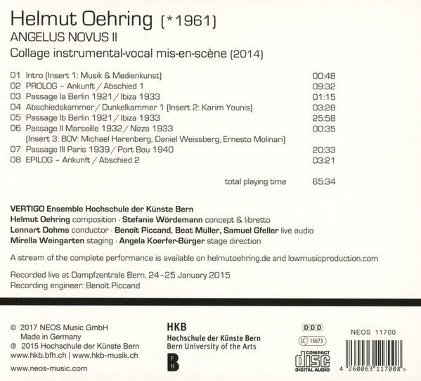 Helmut Oehring, VERTIGO Ensemble Hochschule der Künste Bern : Angelus Novus II Collage Instrumental-vocal Mis-en-scène (CD, Album)