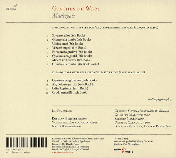 Giaches De Wert – La Venexiana, Claudio Cavina : Madrigals (CD, Album, RE)