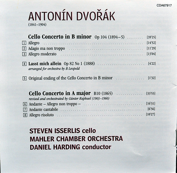 Antonín Dvořák - Steven Isserlis, Daniel Harding, Mahler Chamber Orchestra : Cello Concertos (CD, Album)