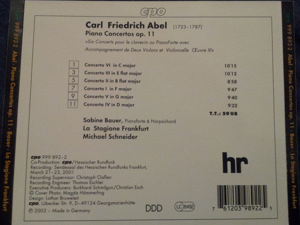 Carl Friedrich Abel - Sabine Bauer ∙ La Stagione ∙ Michael Schneider (2) : Piano Concertos Op. 11 (CD, Album)
