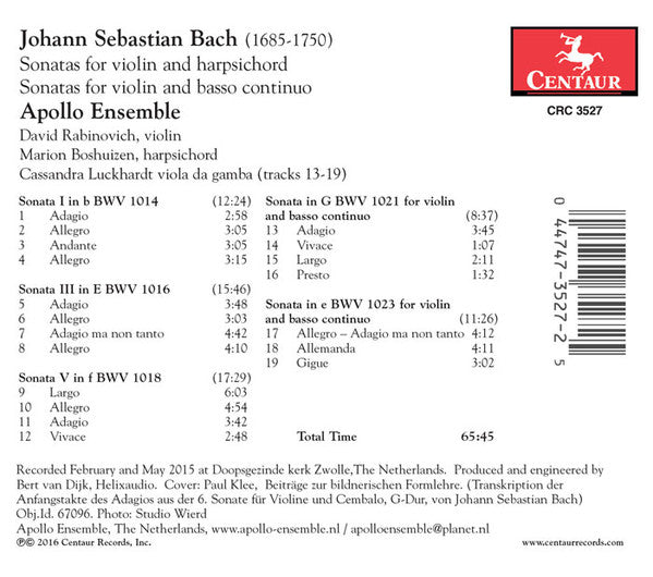 Johann Sebastian Bach, Apollo Ensemble, David Rabinovich, Marion Boshuizen, Cassandra L. Luckhardt : Sonatas (CD, Album)