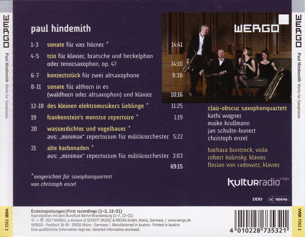 Paul Hindemith, Barbara Buntrock, Robert Kolinsky, Florian von Radowitz, Clair-Obscur Saxophonquartett : Works For Saxophones (CD)