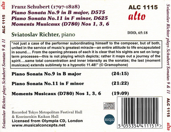 Franz Schubert, Sviatoslav Richter : Piano Sonatas Nos.9 & 11 / Moments Musicaux 1, 3 & 6 (CD, Comp, RE, RM)