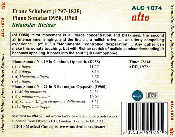 Franz Schubert, Sviatoslav Richter : Piano Sonatas 19, 21 (CD, Comp, RE, RM)
