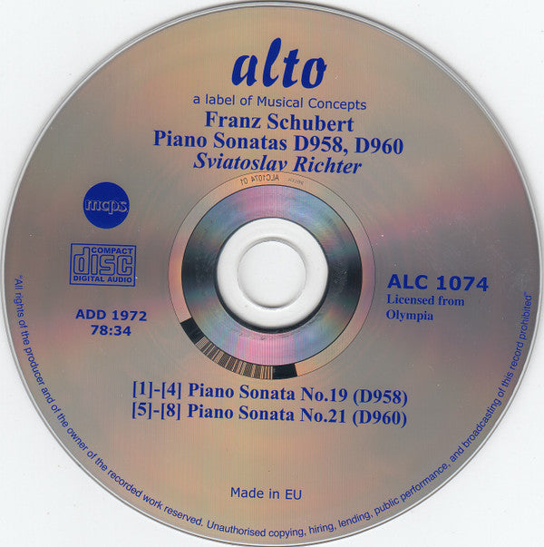 Franz Schubert, Sviatoslav Richter : Piano Sonatas 19, 21 (CD, Comp, RE, RM)