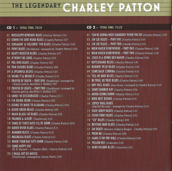 Charley Patton : The Legendary Charley Patton (Down The Dirt Road Blues) (1929-1934 Wisconsin And New York Recordings) (2xCD, Comp, RM)