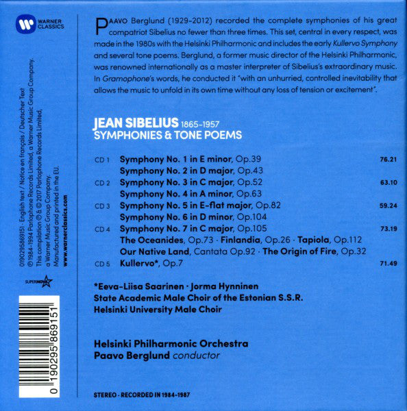 Sibelius* - Helsinki Philharmonic Orchestra, Paavo Berglund : Symphonies  1-7 / Finlandia / The Oceanides / Tapiola / Kullervo (5xCD + Box, Comp)
