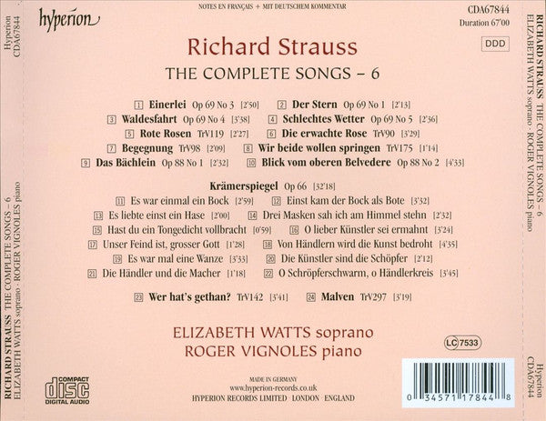 Richard Strauss - Elizabeth Watts · Roger Vignoles : The Complete Songs - 6 (CD, Album)