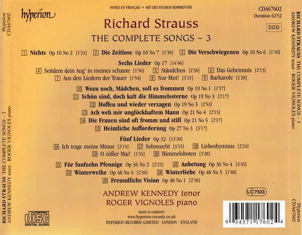 Richard Strauss, Andrew Kennedy ∙ Roger Vignoles : The Complete Songs – 3 (CD, Album)