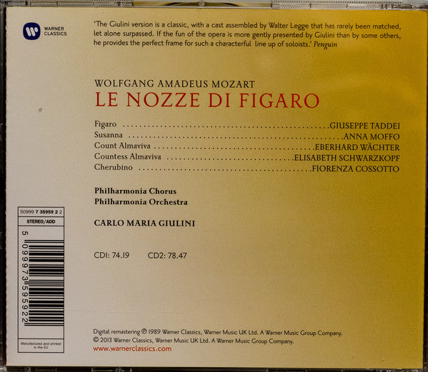 Wolfgang Amadeus Mozart - Giuseppe Taddei, Elisabeth Schwarzkopf, Anna Moffo, Fiorenza Cossotto, Eberhard Wächter, Philharmonia Chorus, Philharmonia Orchestra, Carlo Maria Giulini : Le Nozze Di Figaro (2xCD, Album, RE, RM)