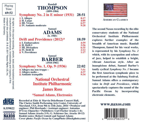 Randall Thompson, Samuel Adams, Samuel Barber, National Orchestral Institute Philharmonic, James Ross (23) : Symphony No. 2 (CD, Album)