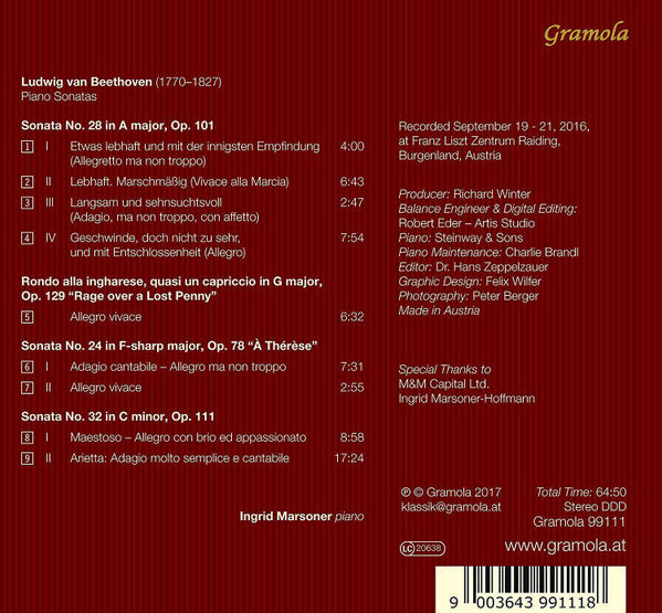 Ludwig van Beethoven, Ingrid Marsoner : Klaviersonaten, Op. 78, 101, 111 (CD, Album)