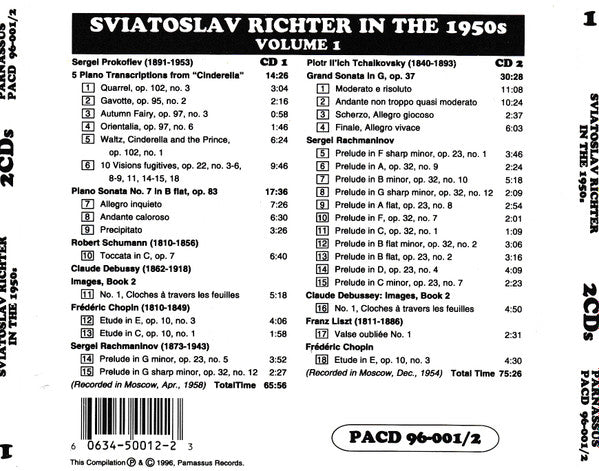 Sviatoslav Richter, Schumann* / Chopin* / Liszt* / Tchaikovsky* / Rachmaninov* / Prokofiev* / Debussy* : Sviatoslav Richter In The 1950s (2xCD, Mono)