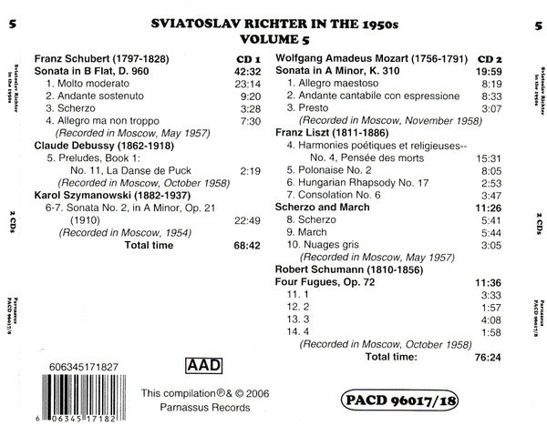 Sviatoslav Richter, Karol Szymanowski / Wolfgang Amadeus Mozart / Franz Schubert / Franz Liszt : Sviatoslav Richter In The 1950s (2xCD, Mono)
