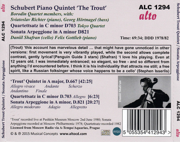 Franz Schubert, Borodin String Quartet, Sviatoslav Richter / Даниил Шафран / Tokyo String Quartet : ‘Trout’ Quintet / Sonata Arpeggione / Quartettsatz (CD, Comp, RM)