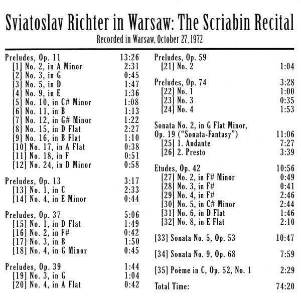 Richter* : Richter In Warsaw: The Scriabin Recital (CD, Mono, RE)