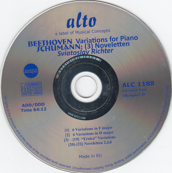 Ludwig van Beethoven / Robert Schumann, Sviatoslav Richter : Variations On Prometheus Theme (‘Eroica’ Variations Op.35) / Six Variations Op.34 & Op.76 / Noveletten Nos. 2, 4, 8 (CD, Comp, RM)
