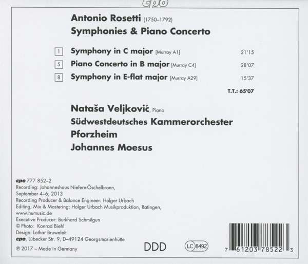 Antonio Rosetti, Nataša Veljković, Südwestdeutsches Kammerorchester, Johannes Moesus : Piano Concerto; Two Symphonies (CD, Album)