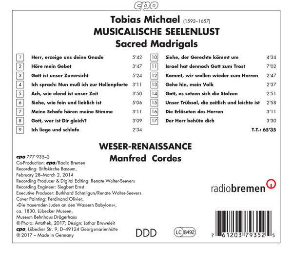 Tobias Michael (3), Weser-Renaissance, Manfred Cordes : Musicalische Seelenlust - Sacred Madrigals (CD, Album)