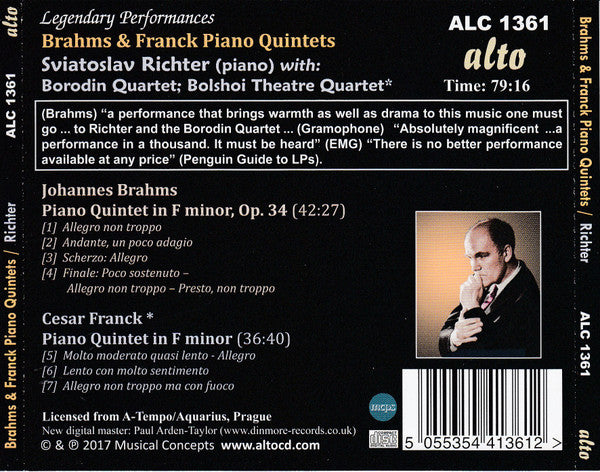Johannes Brahms / César Franck, Sviatoslav Richter With: Borodin String Quartet / Bolshoi Theatre Quartet : Piano Quintets (Legendary Performances) (CD, Comp, RM)