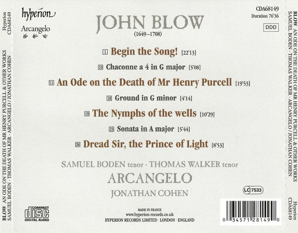 John Blow – Arcangelo, Jonathan Cohen (7) : An Ode On The Death Of Mr Henry Purcell (CD, Album)